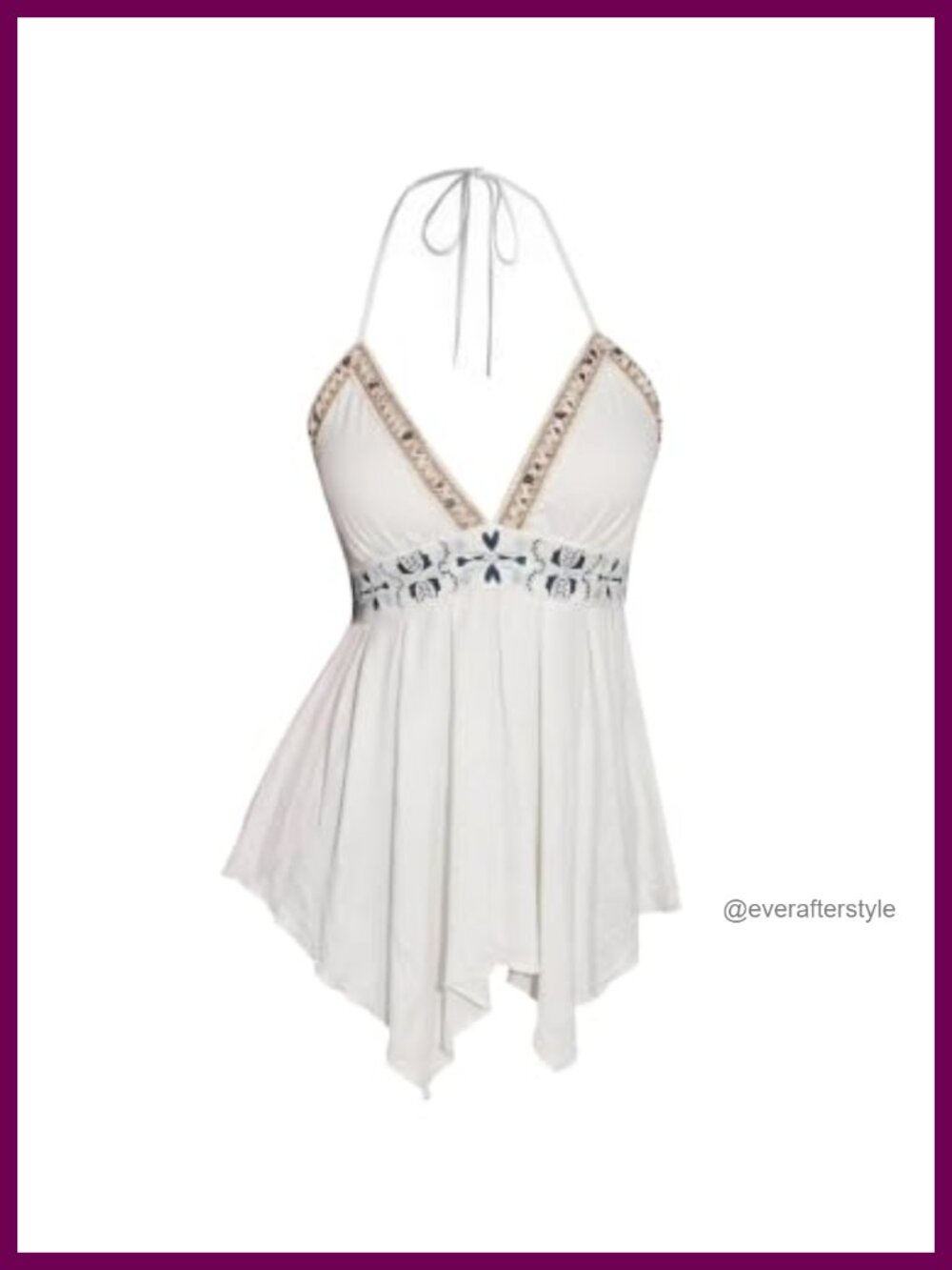 Y2K Boho Embroidered Halter Babydoll Top Ruffle Hem Sleeveless